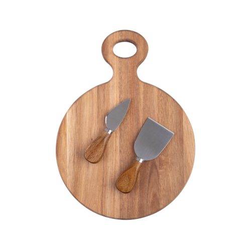3 Pce Round Acacia Wood Cheese Paddle With Knives - 30 x 22cm
