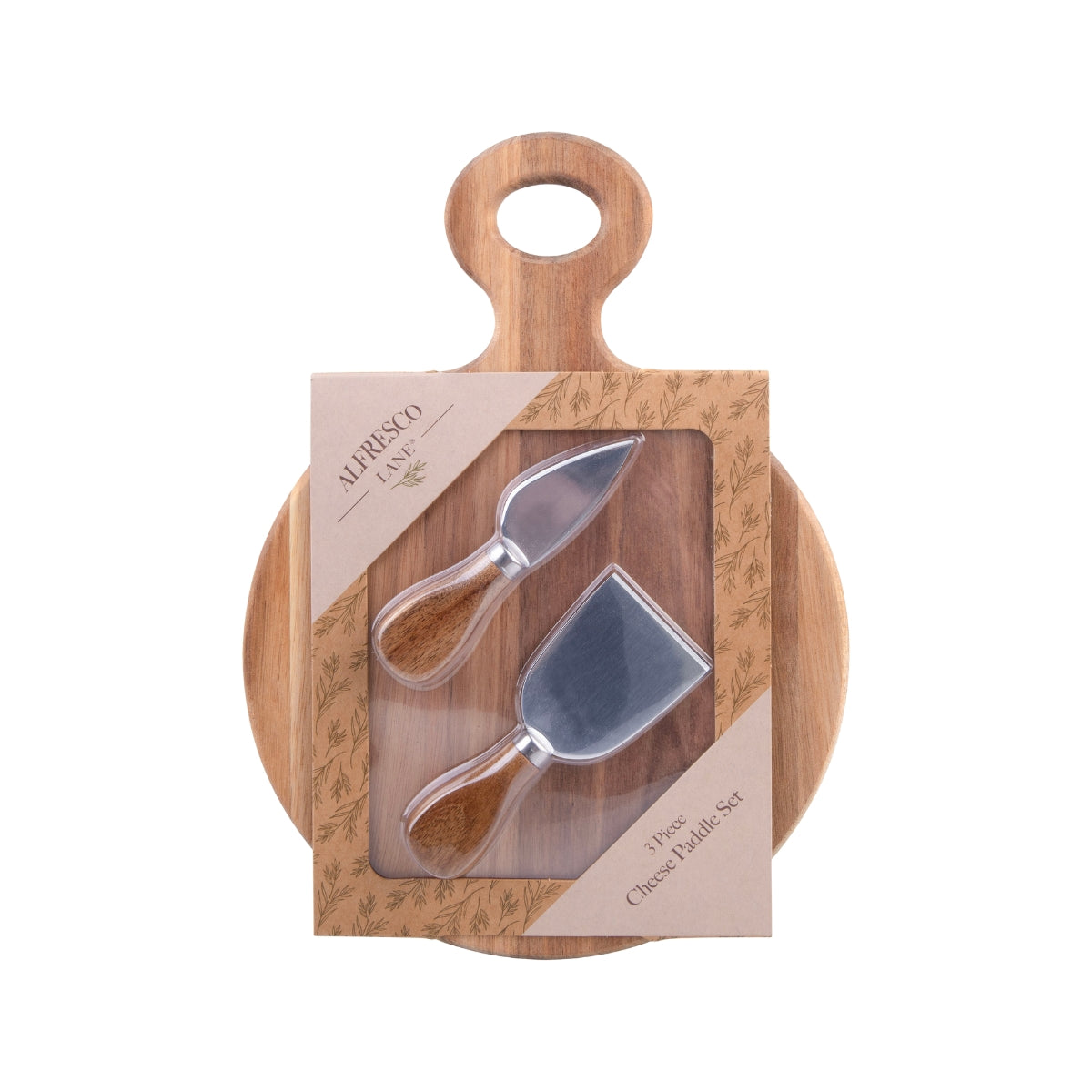 3 Pce Round Acacia Wood Cheese Paddle With Knives - 30 x 22cm - Image 2