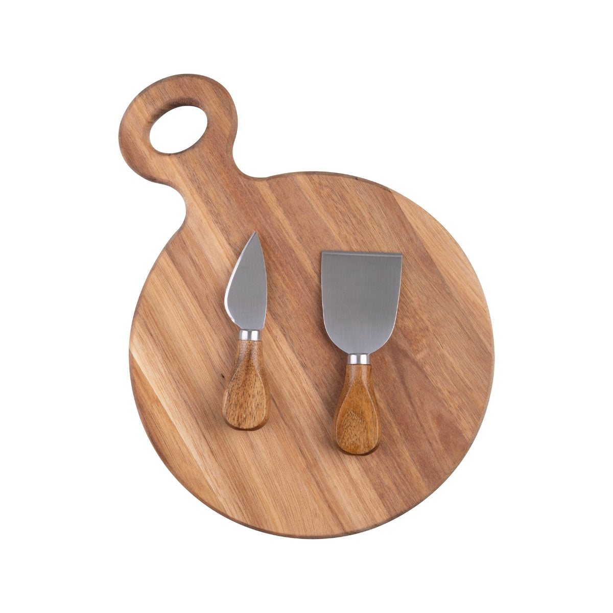 3 Pce Round Acacia Wood Cheese Paddle With Knives - 30 x 22cm - Image 7