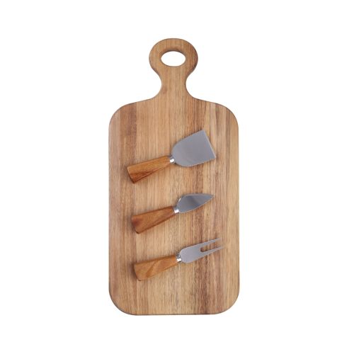 4 Pce Oblong Acacia Wood Cheese Paddle With Knives - 43 x 20cm